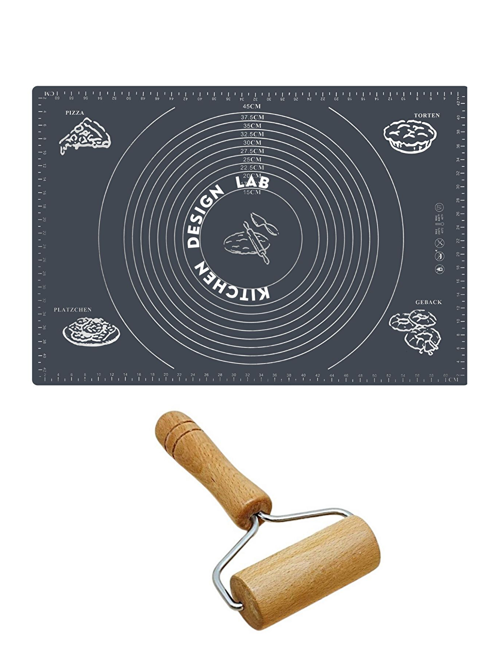 Antrasit 2'li Set Gri 45x65 Cm Silikon Hamur Açma Matı Ve Pratik Ahşap Saplı Silindir Hamur Açıcı