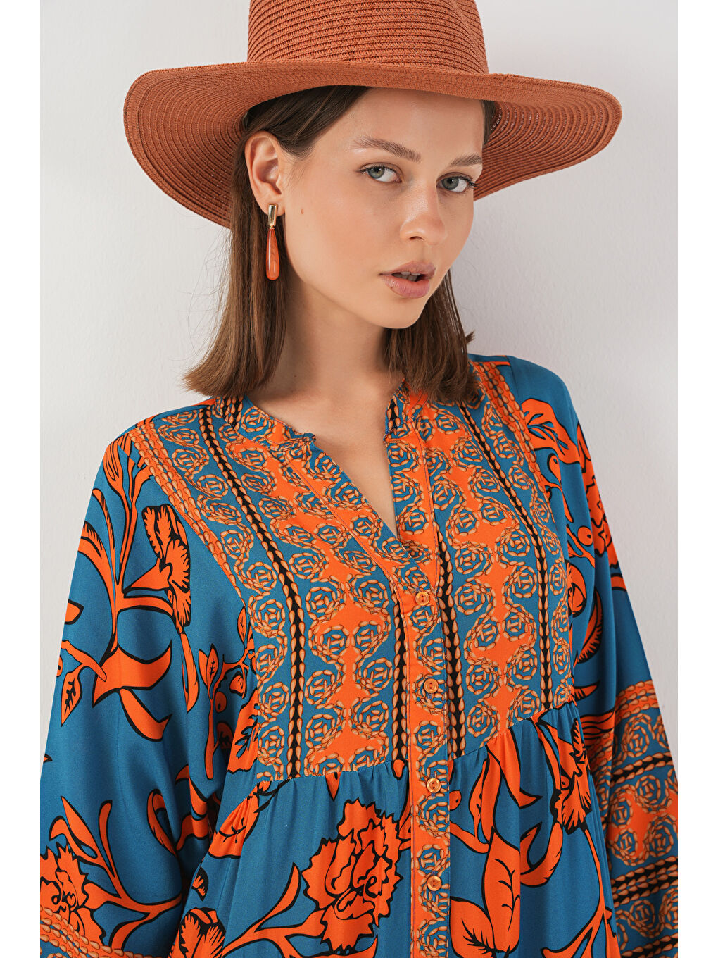 Kadın Desenli Uzun Tesettür Elbise 2585 - C. Turuncu-3