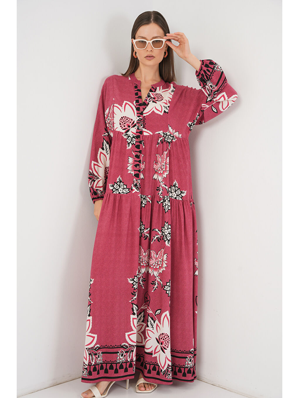 Pembe Kadın Desenli Uzun Tesettür Elbise 2585 - Gül Kurusu