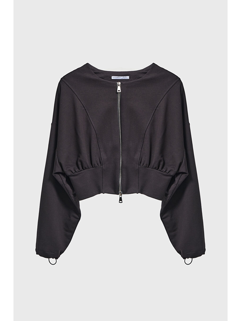 Kadın Siyah Renk w5-1 Bol Kesim Örme Esnek Kumaş Oversize Fermuarlı Sweatshirt