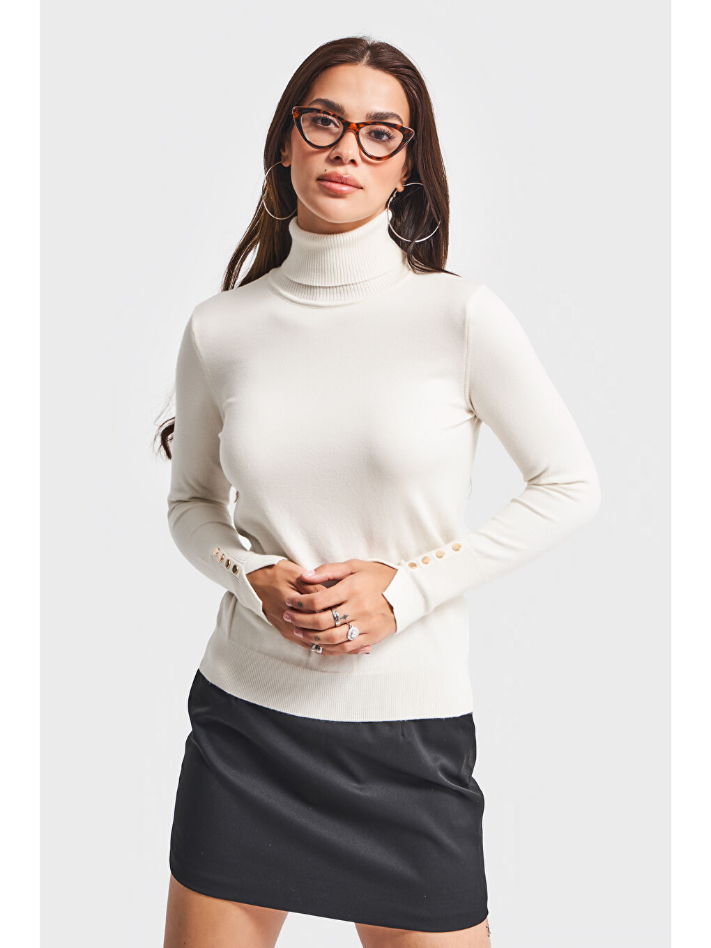 Kadın Ekru Renk w5-101 Yumuşak İnce Triko Kumaş Balıkçı Yaka Triko Kazak