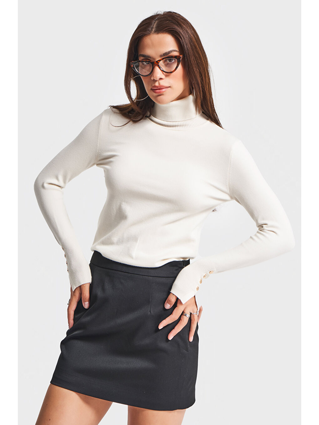 Kadın Ekru Renk w5-101 Yumuşak İnce Triko Kumaş Balıkçı Yaka Triko Kazak-1