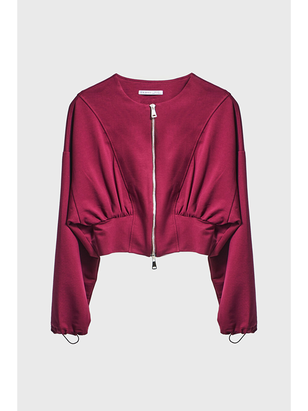 Kadın Bordo Renk w5-35 Bol Kesim Örme Esnek Kumaş Oversize Fermuarlı Sweatshirt