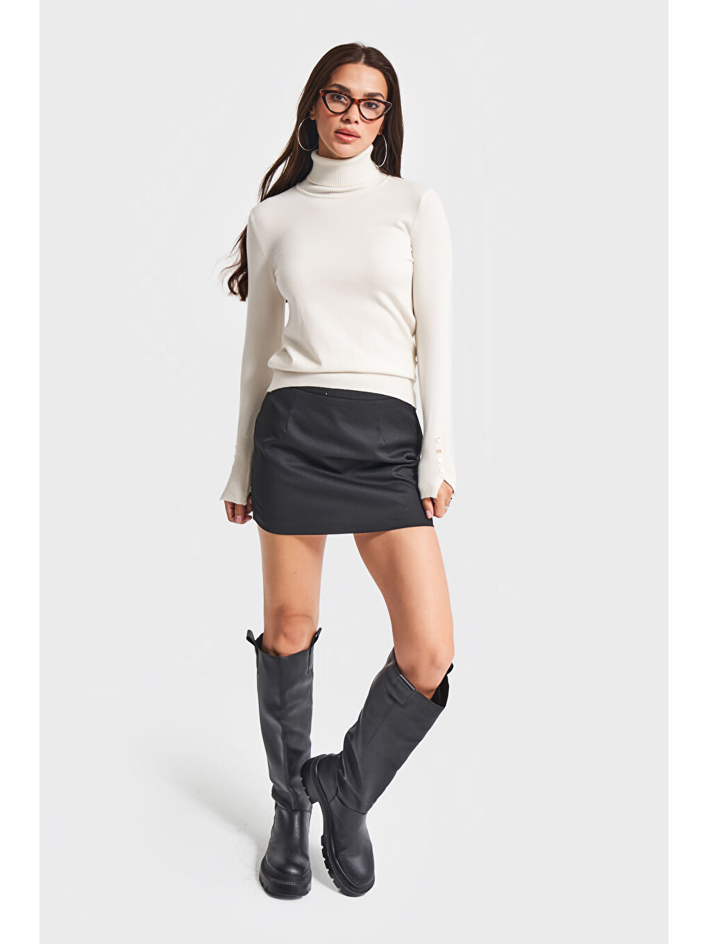 Kadın Ekru Renk w5-101 Yumuşak İnce Triko Kumaş Balıkçı Yaka Triko Kazak-2