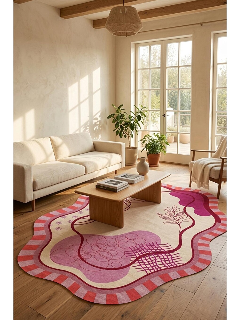 Pembe Modern Dekoratif Halı – Makinada Yıkanabilir, Kaymaz Taban, İnce Lazer Kesim Halı-1