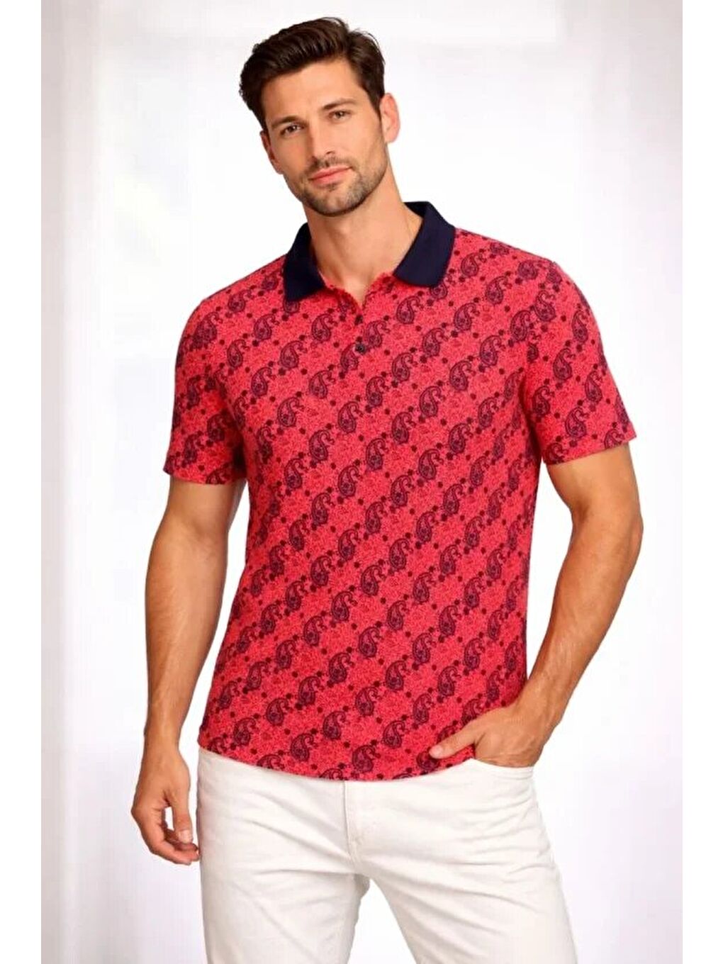 Kırmızı Erkek Pike Kumaş Polo Yaka Palmiye Desenli Tişört