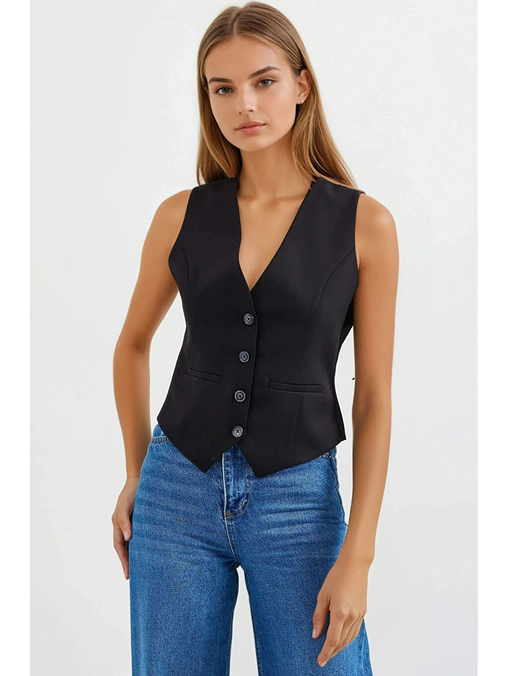 Kadın Siyah Düğmeli Astarlı Yelek HZL25S-BD167961