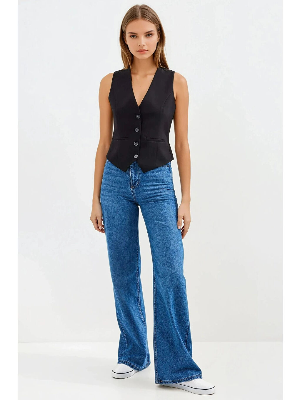 Kadın Siyah Düğmeli Astarlı Yelek HZL25S-BD167961-1