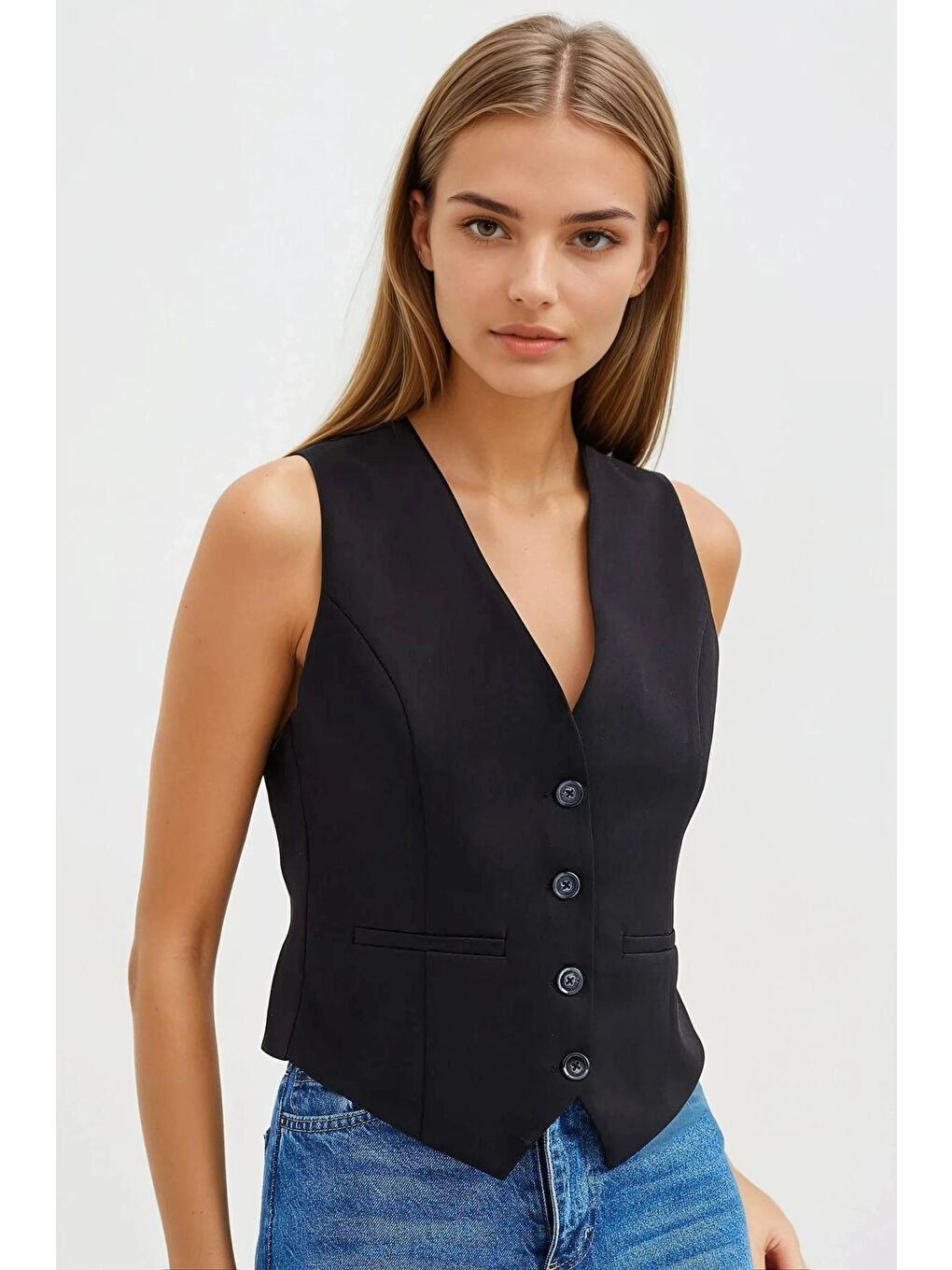 Kadın Siyah Düğmeli Astarlı Yelek HZL25S-BD167961-2