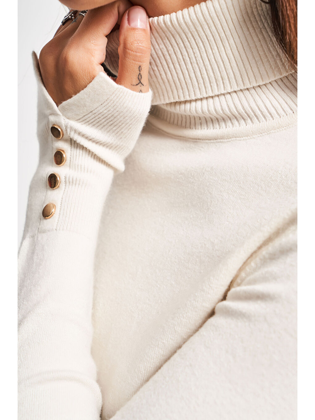 Kadın Ekru Renk w5-101 Yumuşak İnce Triko Kumaş Balıkçı Yaka Triko Kazak-4