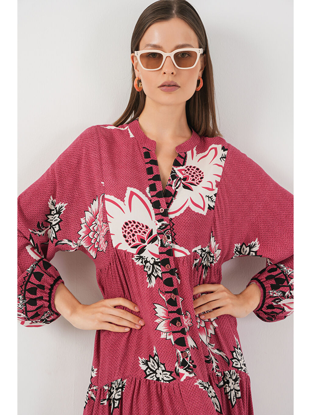 Pembe Kadın Desenli Uzun Tesettür Elbise 2585 - Gül Kurusu-1