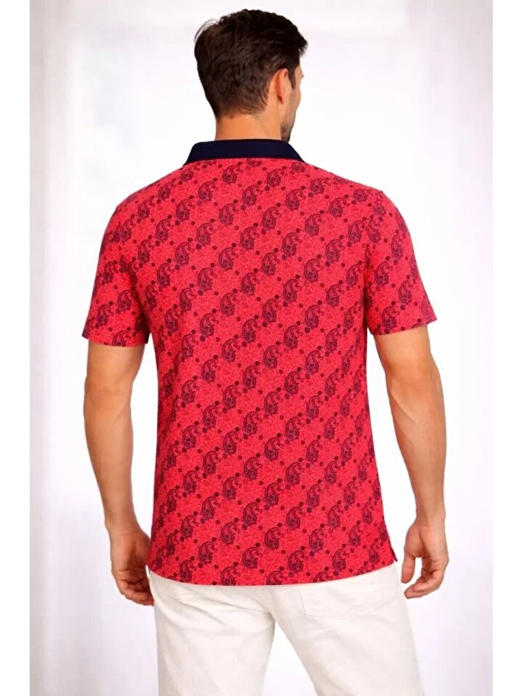 Kırmızı Erkek Pike Kumaş Polo Yaka Palmiye Desenli Tişört-1