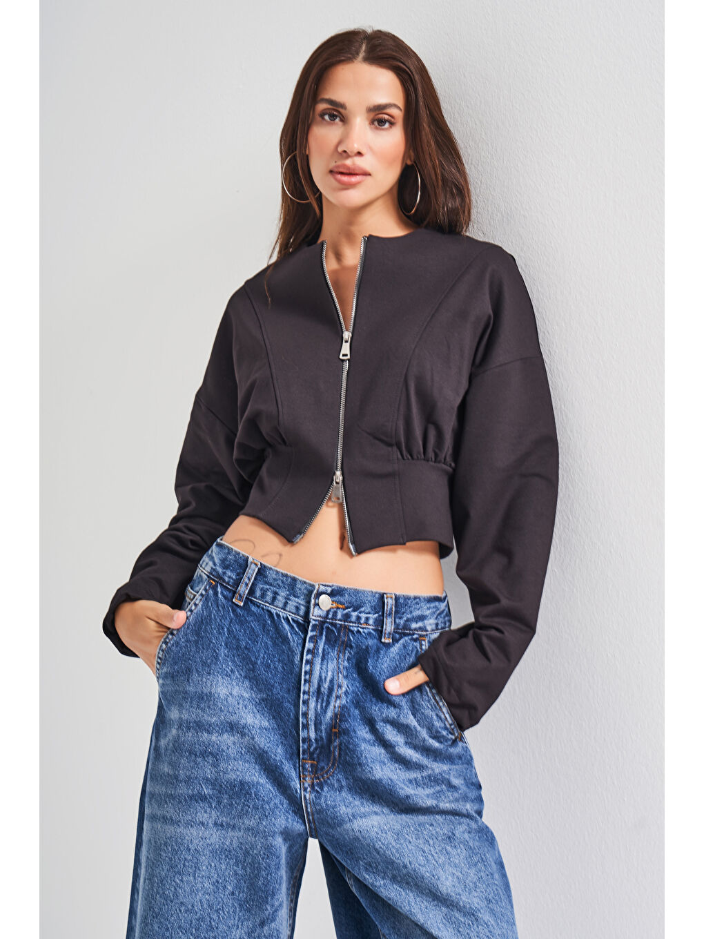 Kadın Siyah Renk w5-1 Bol Kesim Örme Esnek Kumaş Oversize Fermuarlı Sweatshirt-1