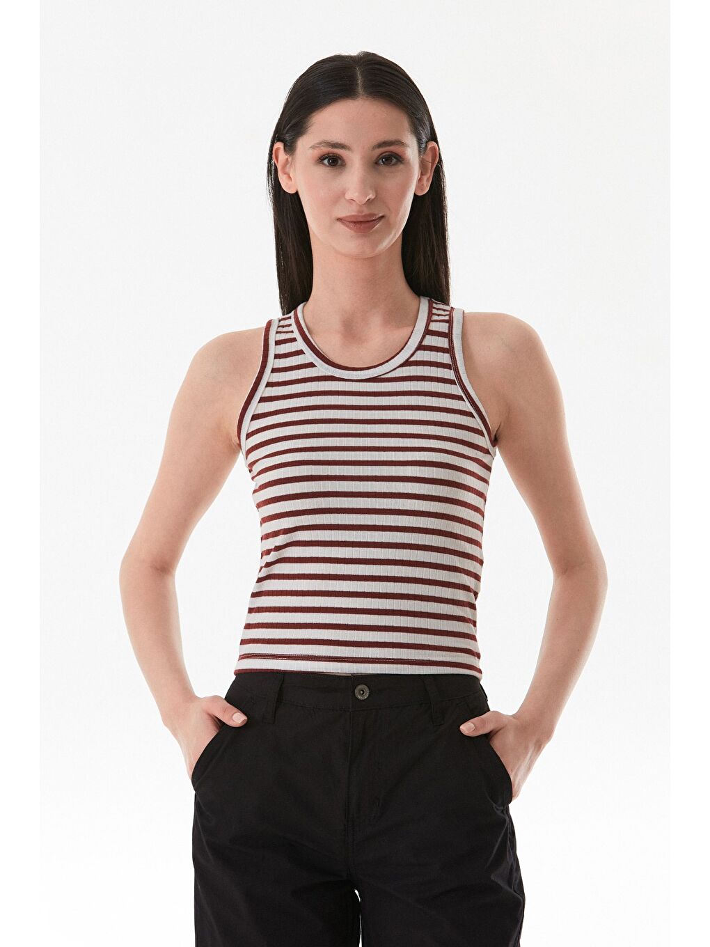 Bordo Çizgili Halter Yaka Body