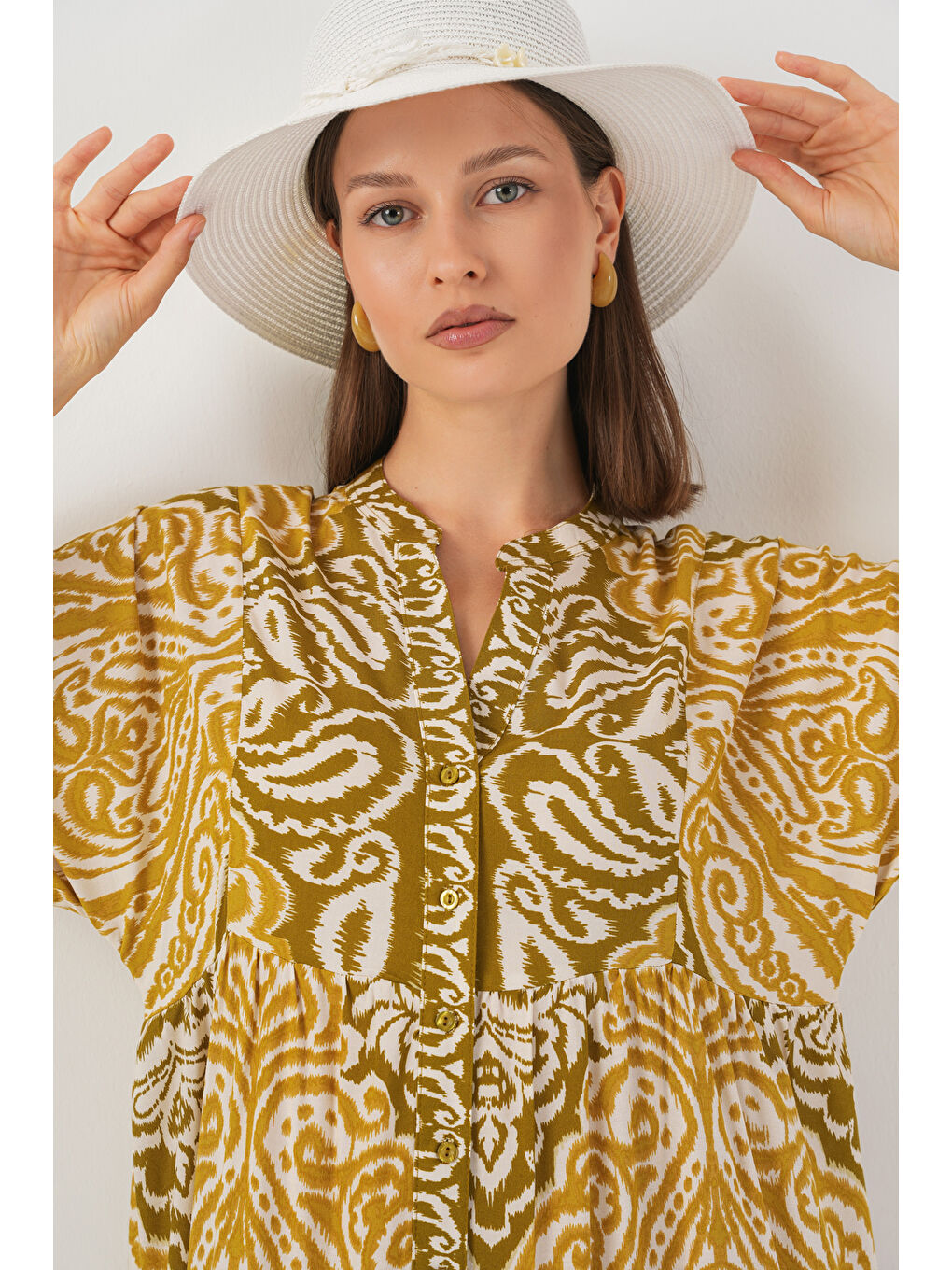 Sarı Kadın Desenli Uzun Tesettür Elbise 2585 - B. Hardal-1