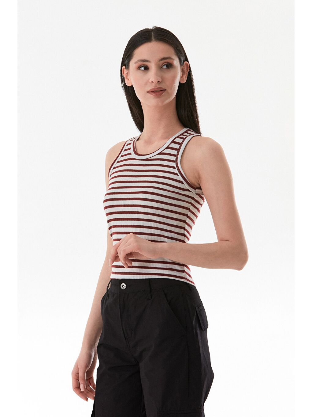 Bordo Çizgili Halter Yaka Body-1