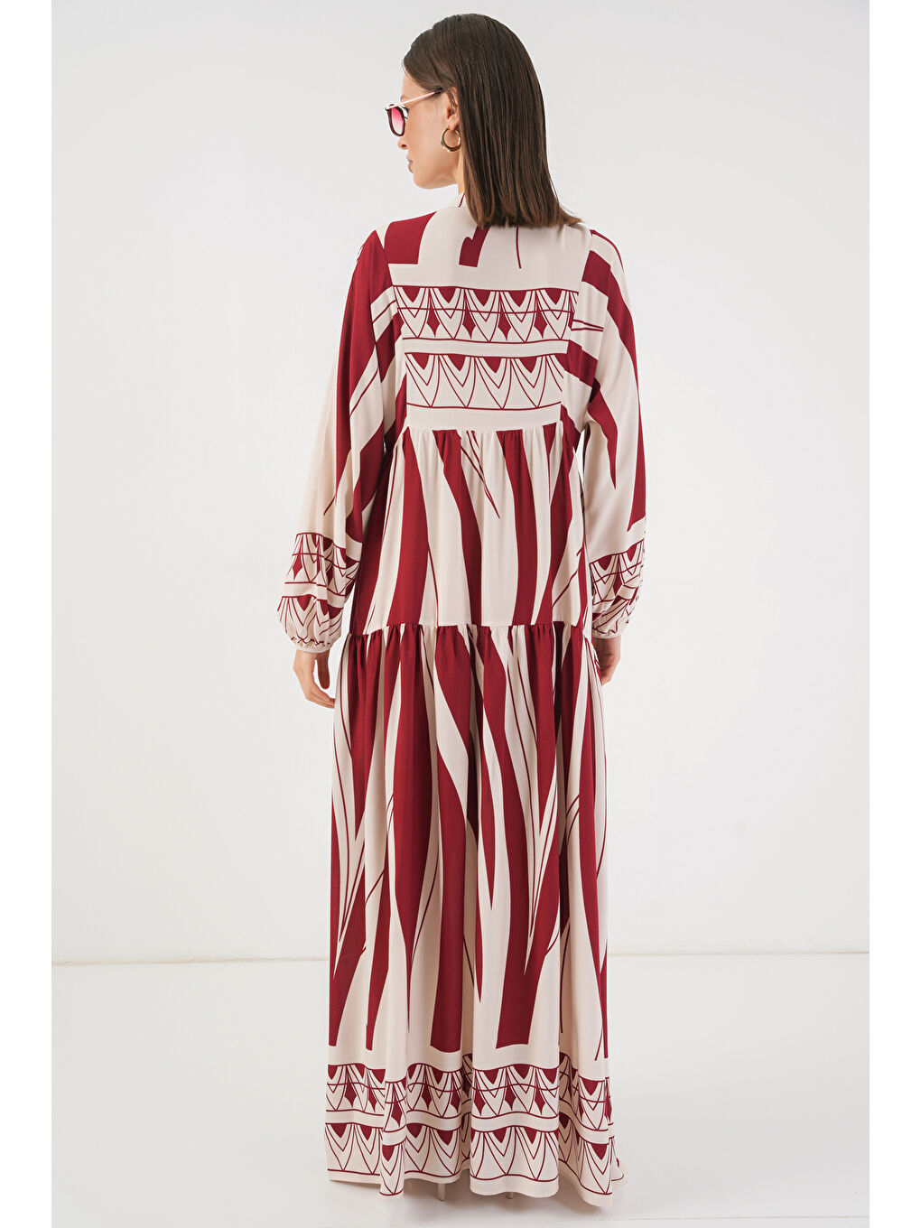 Kadın Desenli Uzun Tesettür Elbise 2585 - Y.Bordo-5