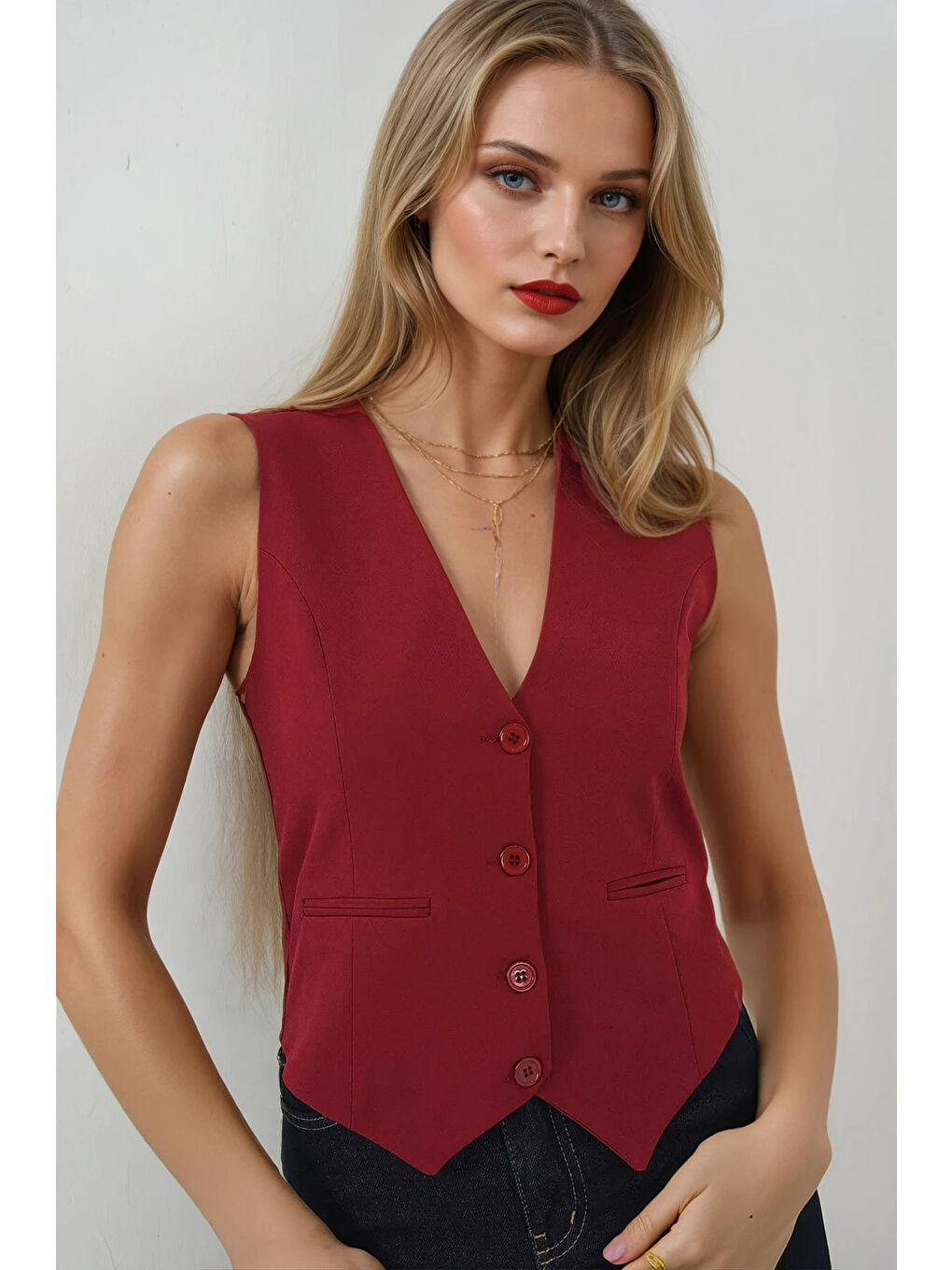 Kadın Bordo Düğmeli Astarlı Yelek HZL25S-BD167961