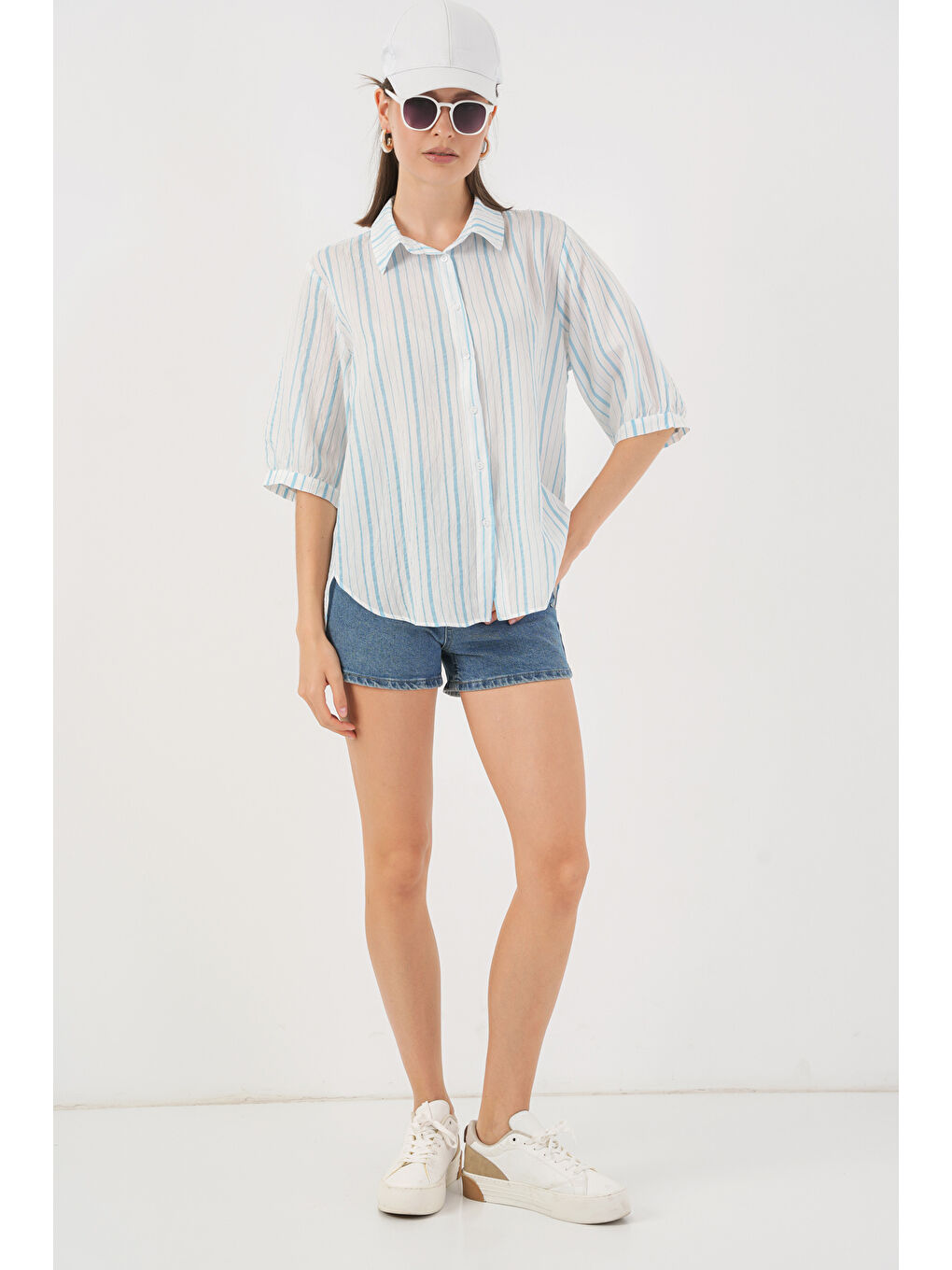 Kadın Çizgili Kısa Kol Gömlek 20345 - A.Mavi-1