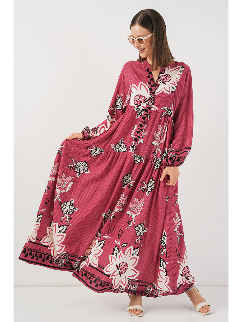 Pembe Kadın Desenli Uzun Tesettür Elbise 2585 - Gül Kurusu-2