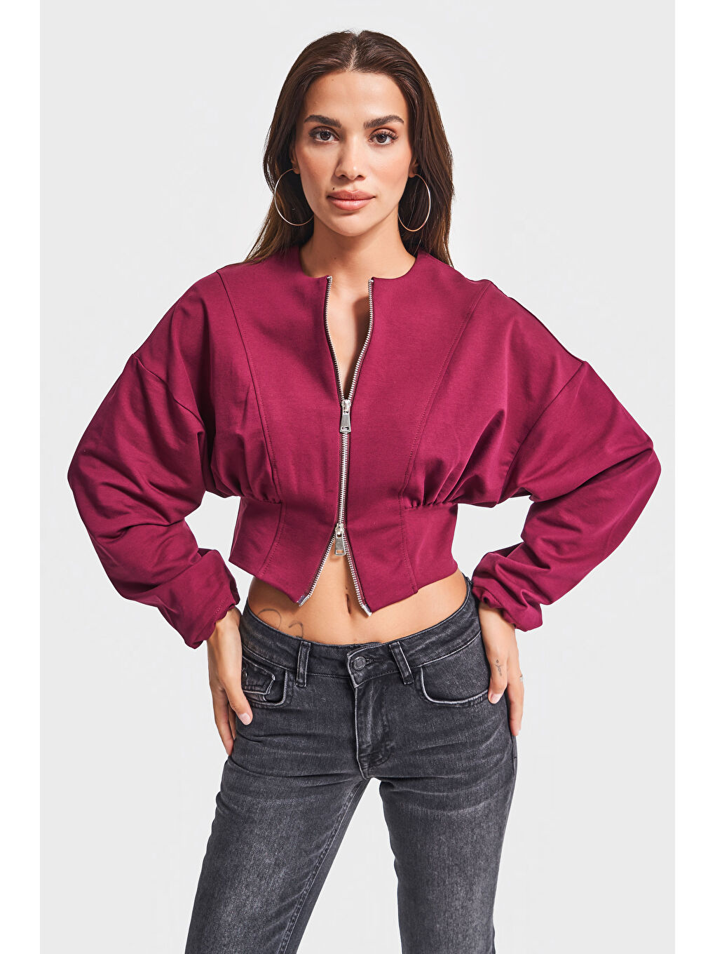 Kadın Bordo Renk w5-35 Bol Kesim Örme Esnek Kumaş Oversize Fermuarlı Sweatshirt-1