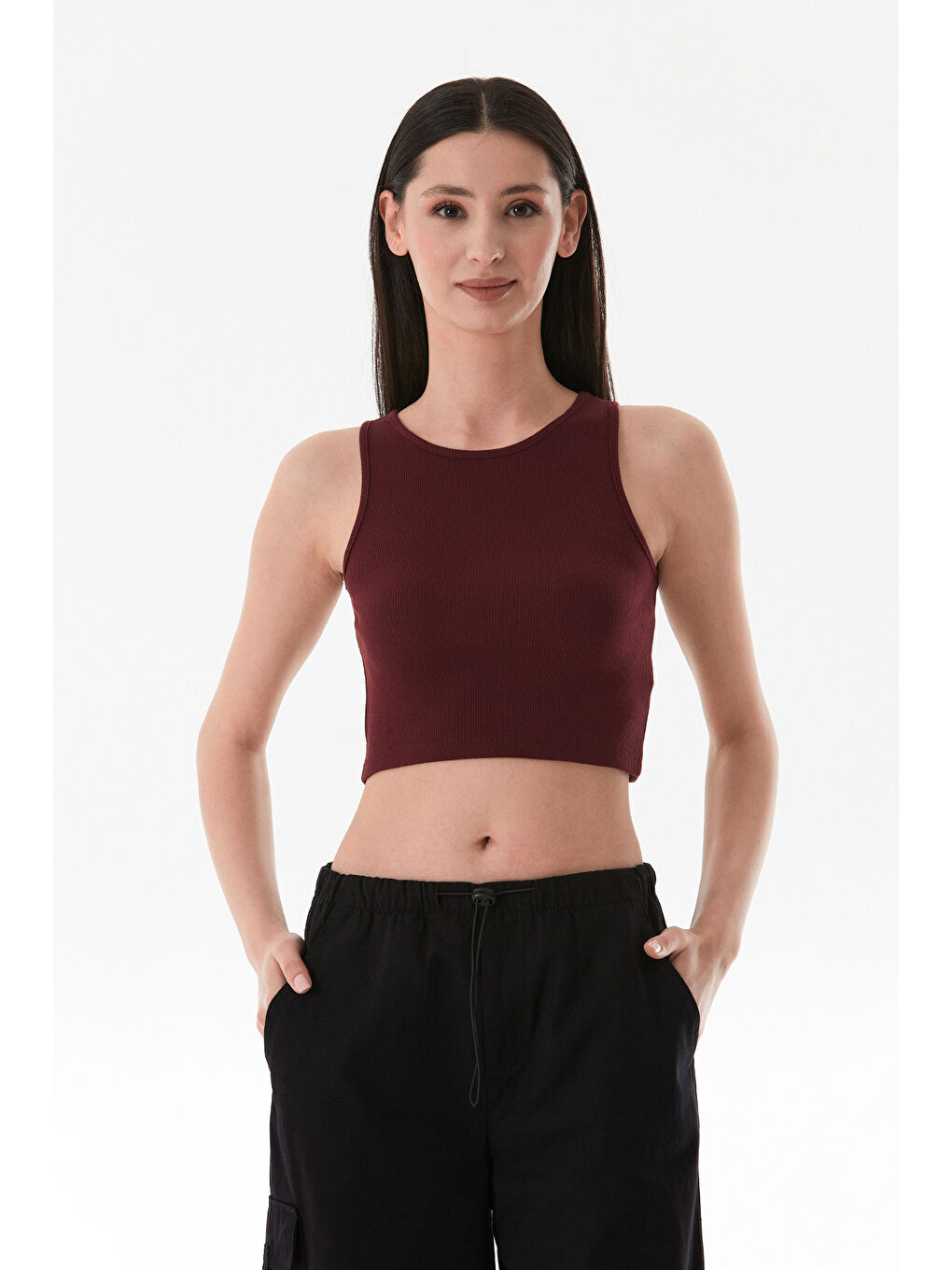 Bordo Basic Fitilli Halter Yaka Modal Body