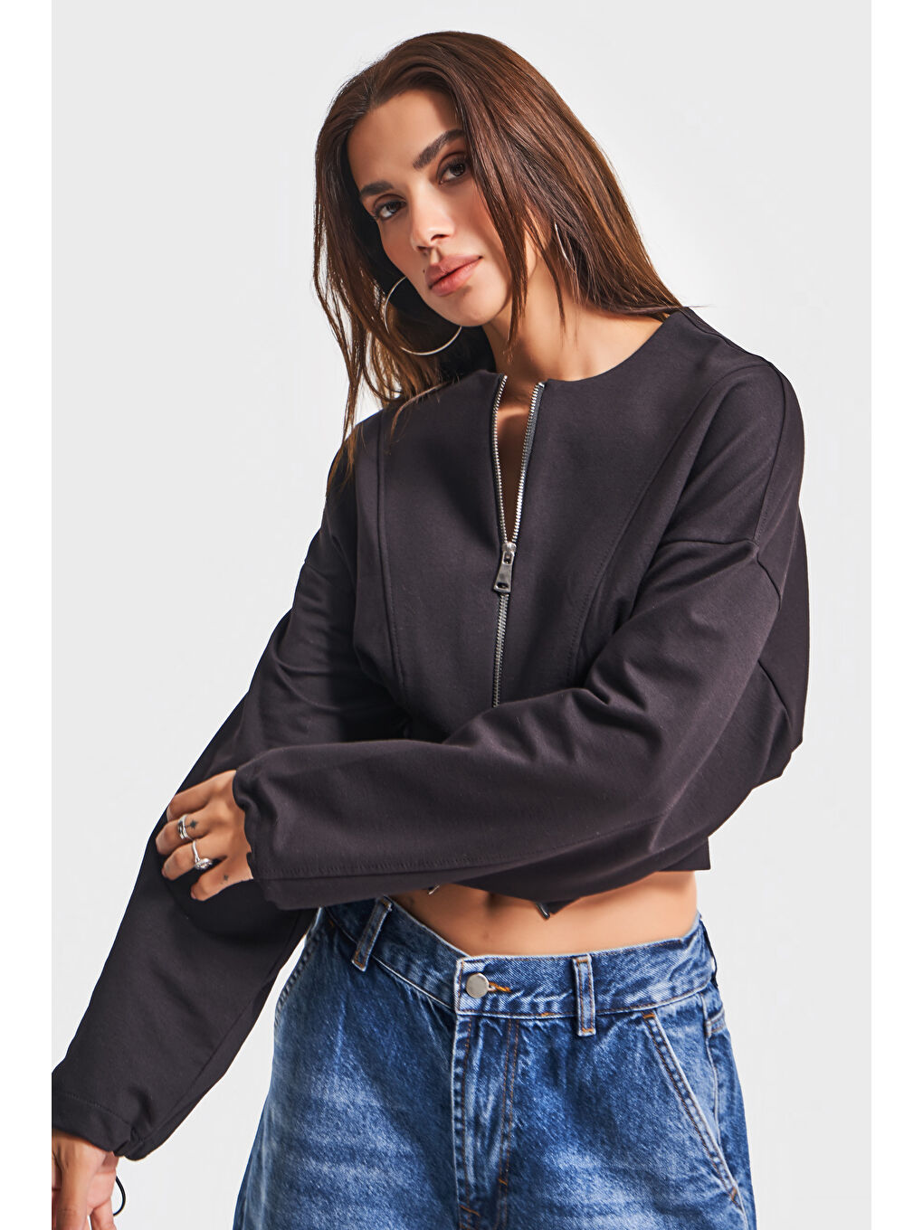 Kadın Siyah Renk w5-1 Bol Kesim Örme Esnek Kumaş Oversize Fermuarlı Sweatshirt-2