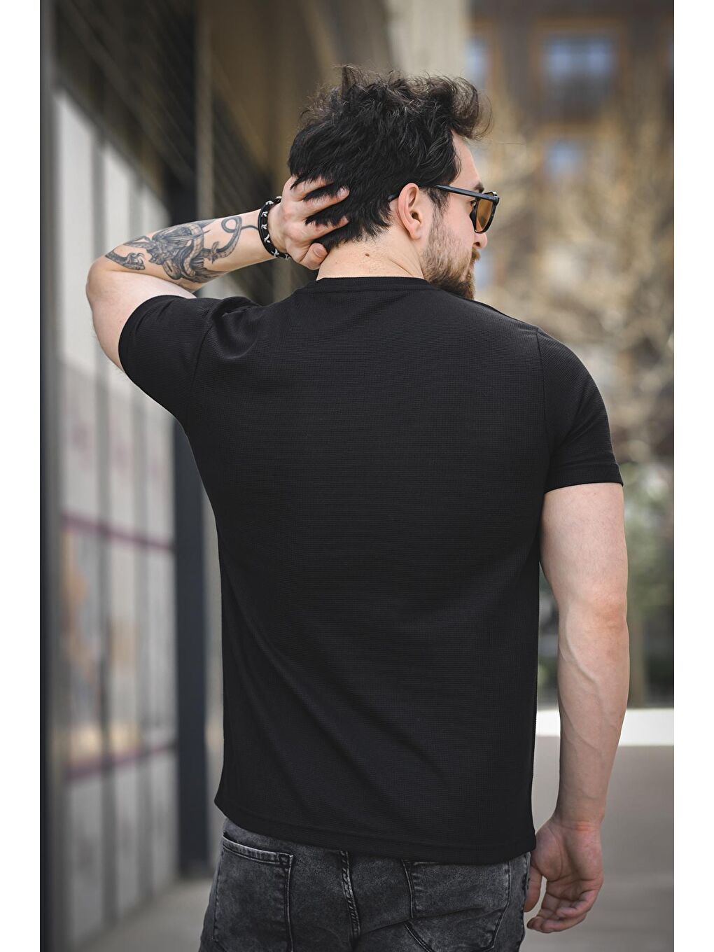 Siyah Slow Lives Waffle Kumaş Bisiklet Yaka Baskılı Erkek Tshirt-2