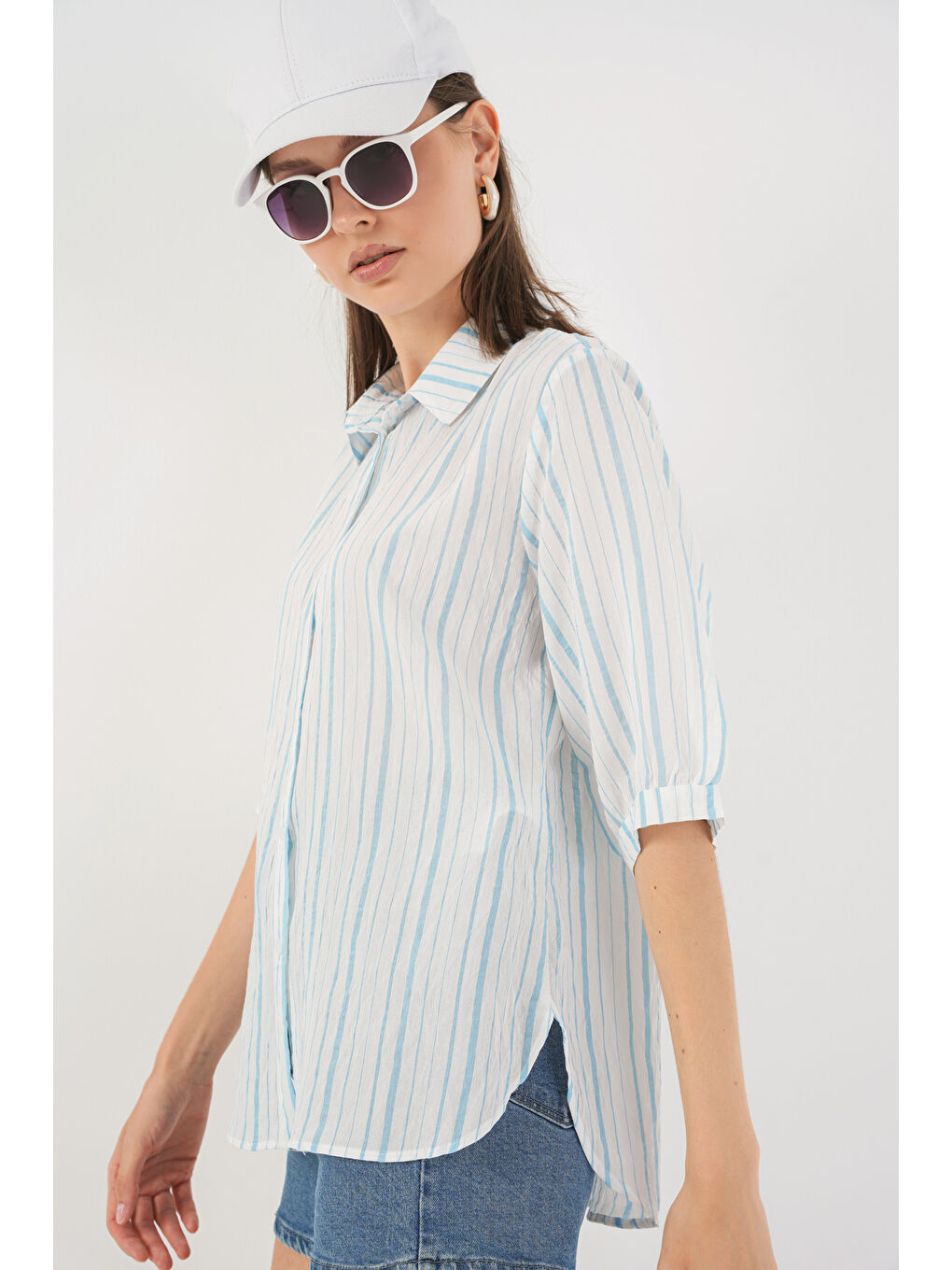 Kadın Çizgili Kısa Kol Gömlek 20345 - A.Mavi-2