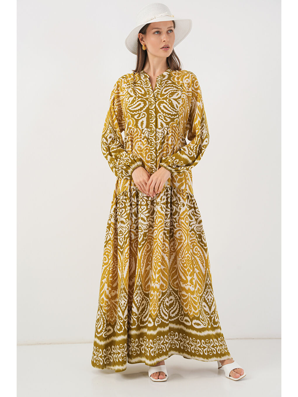 Sarı Kadın Desenli Uzun Tesettür Elbise 2585 - B. Hardal-2