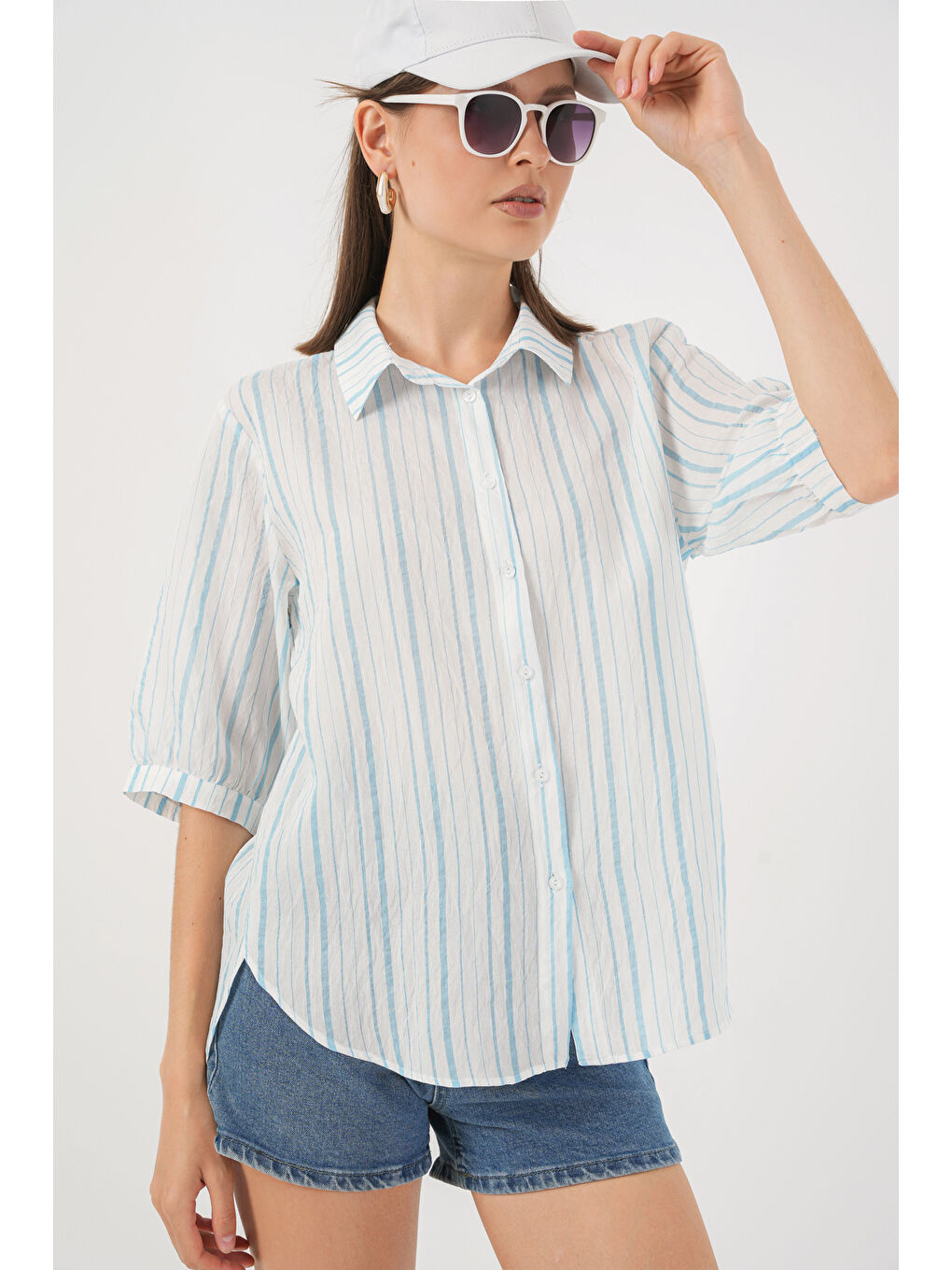 Kadın Çizgili Kısa Kol Gömlek 20345 - A.Mavi-3