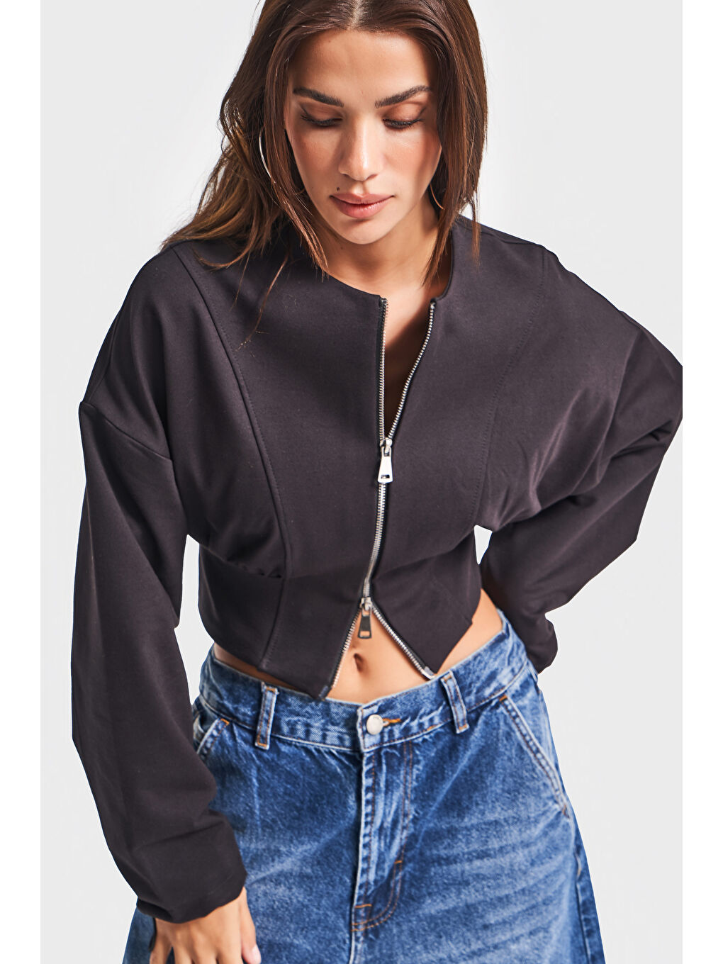 Kadın Siyah Renk w5-1 Bol Kesim Örme Esnek Kumaş Oversize Fermuarlı Sweatshirt-3