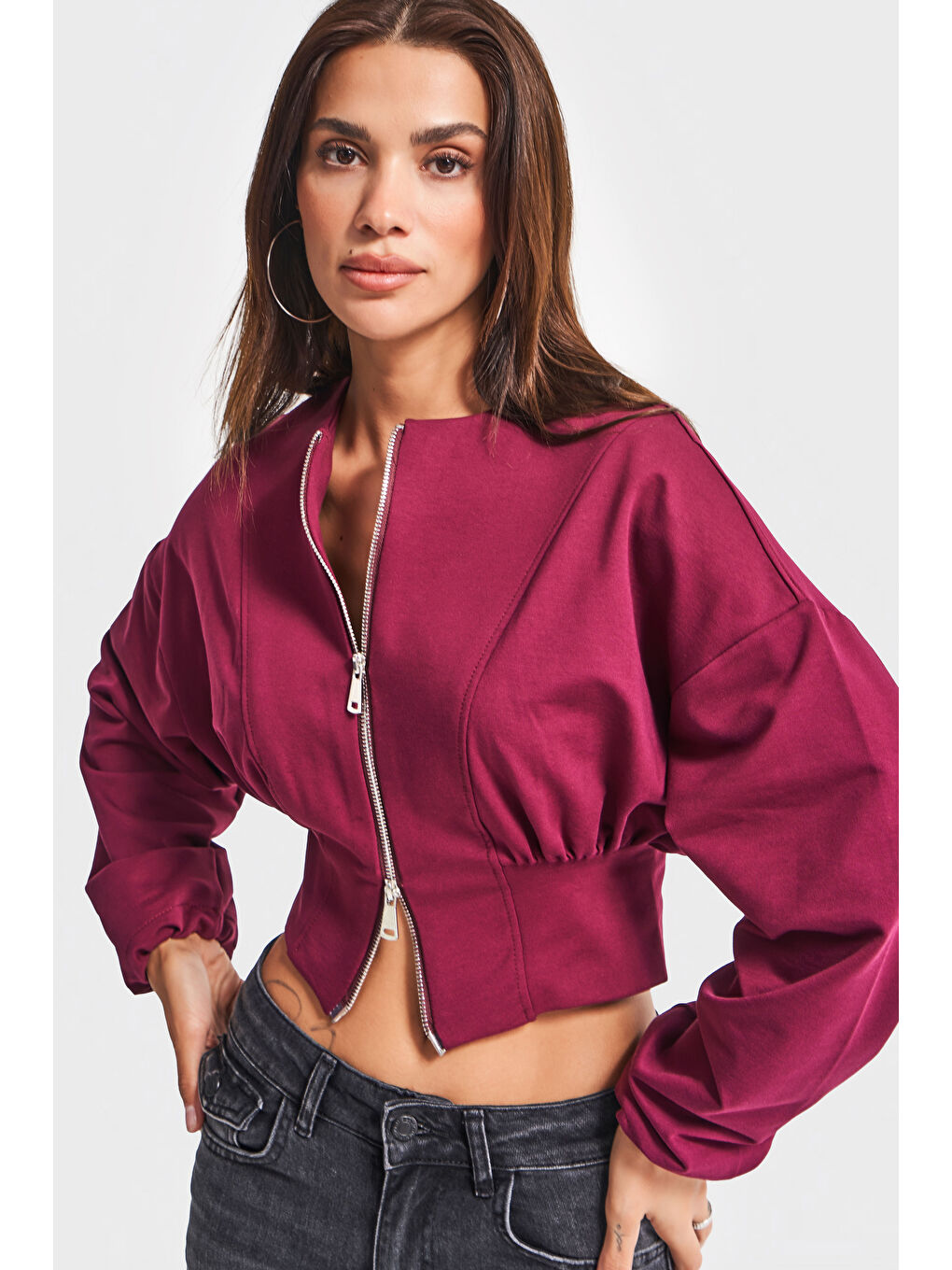 Kadın Bordo Renk w5-35 Bol Kesim Örme Esnek Kumaş Oversize Fermuarlı Sweatshirt-2