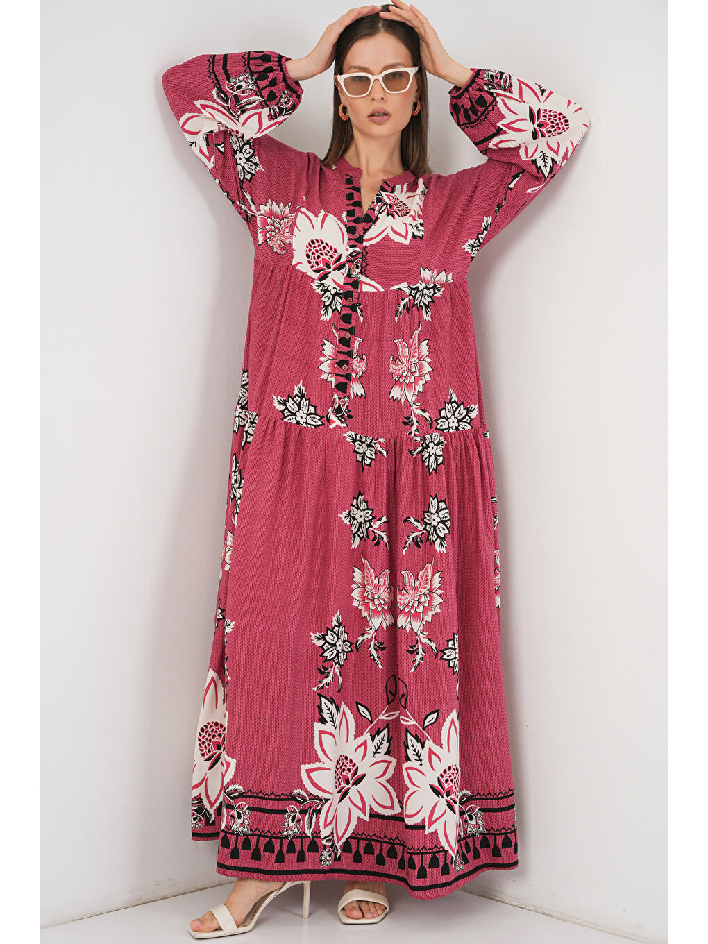 Pembe Kadın Desenli Uzun Tesettür Elbise 2585 - Gül Kurusu-3