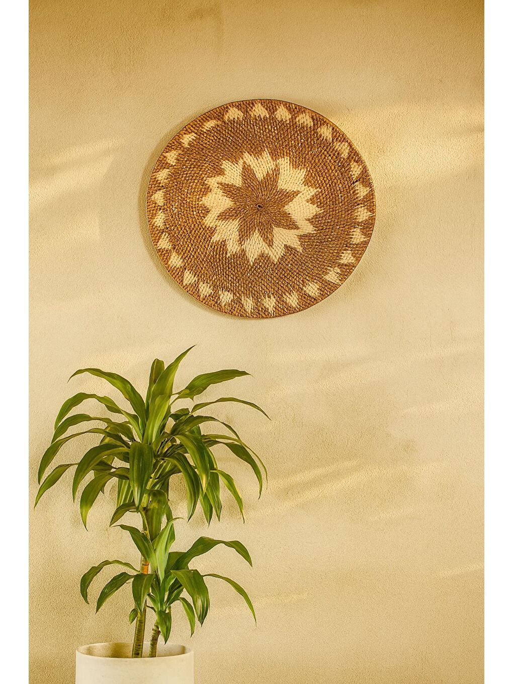 Bej El Dokuması Rattan Boho Yuvarlak Duvar Dekoru Kandara - 50 Cm-1