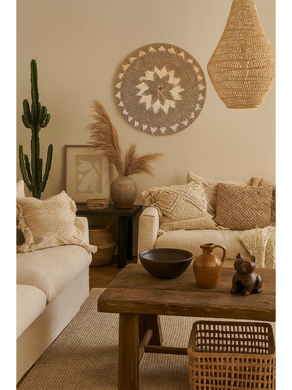 Bej El Dokuması Rattan Boho Yuvarlak Duvar Dekoru Kandara - 50 Cm-2