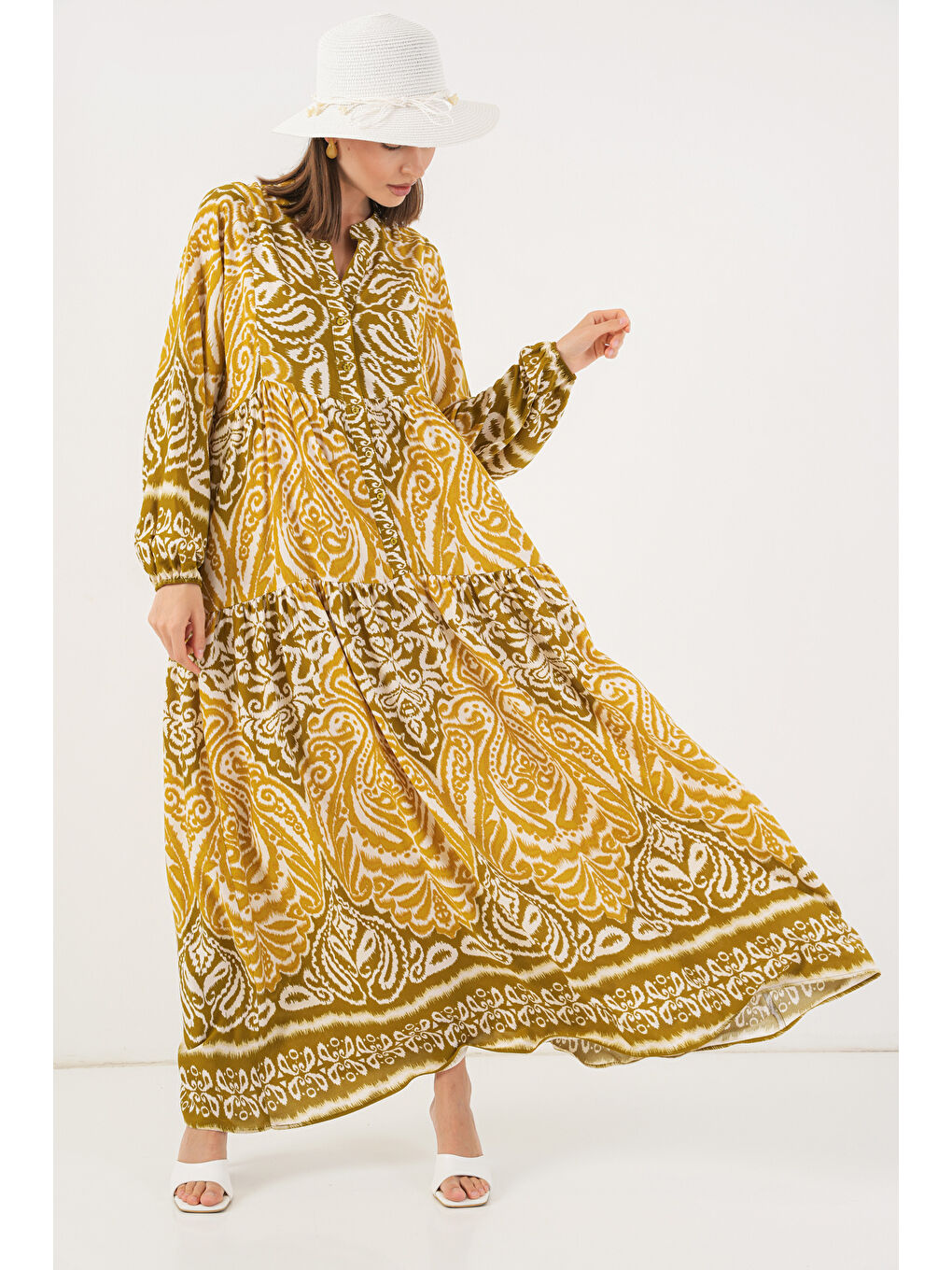 Sarı Kadın Desenli Uzun Tesettür Elbise 2585 - B. Hardal-3