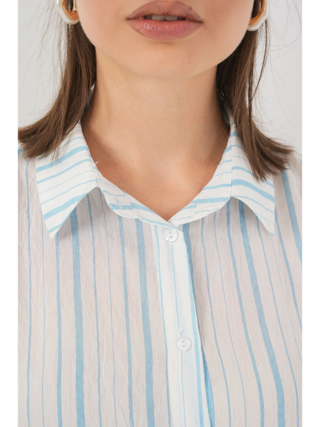 Kadın Çizgili Kısa Kol Gömlek 20345 - A.Mavi-4