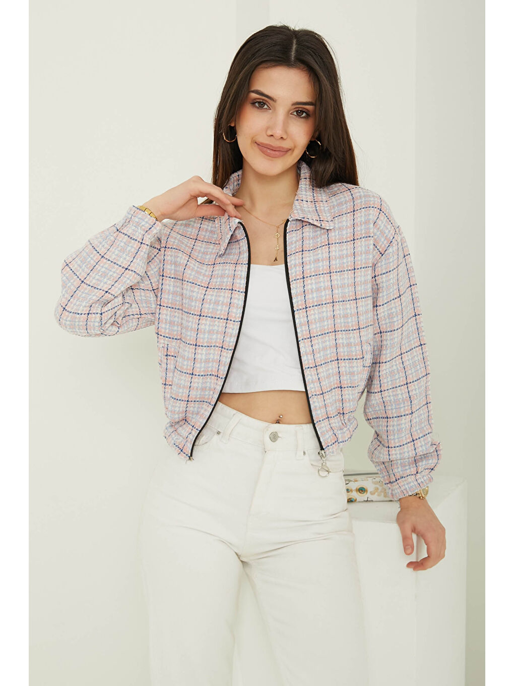 Pembe Kadın Polo Yaka Ekose Desenli Fermuarlı Ceket Pudra - 13362