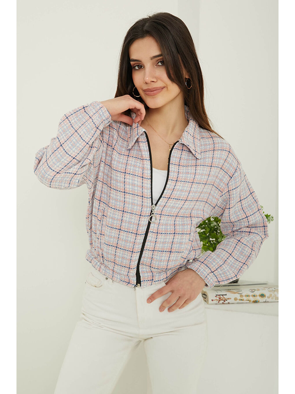 Pembe Kadın Polo Yaka Ekose Desenli Fermuarlı Ceket Pudra - 13362-1