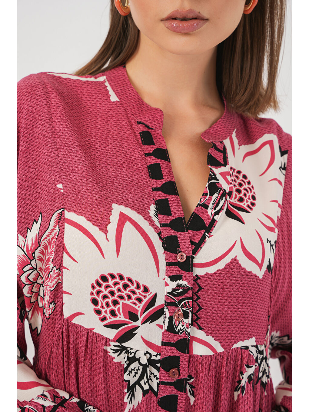 Pembe Kadın Desenli Uzun Tesettür Elbise 2585 - Gül Kurusu-4