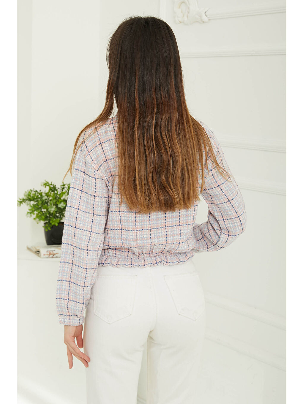 Pembe Kadın Polo Yaka Ekose Desenli Fermuarlı Ceket Pudra - 13362-5