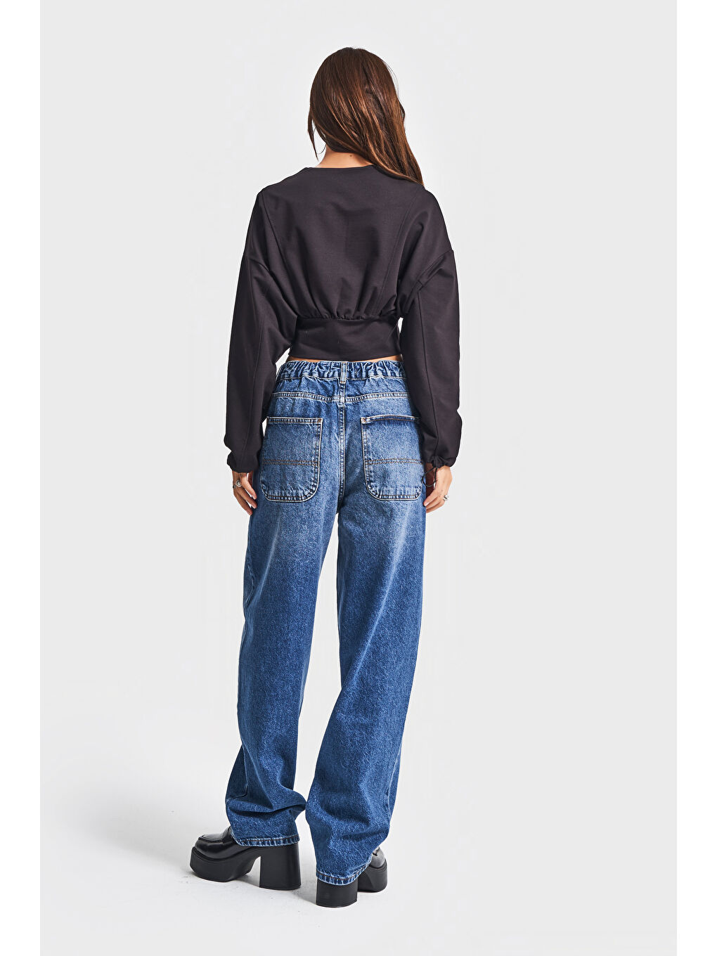 Kadın Siyah Renk w5-1 Bol Kesim Örme Esnek Kumaş Oversize Fermuarlı Sweatshirt-4