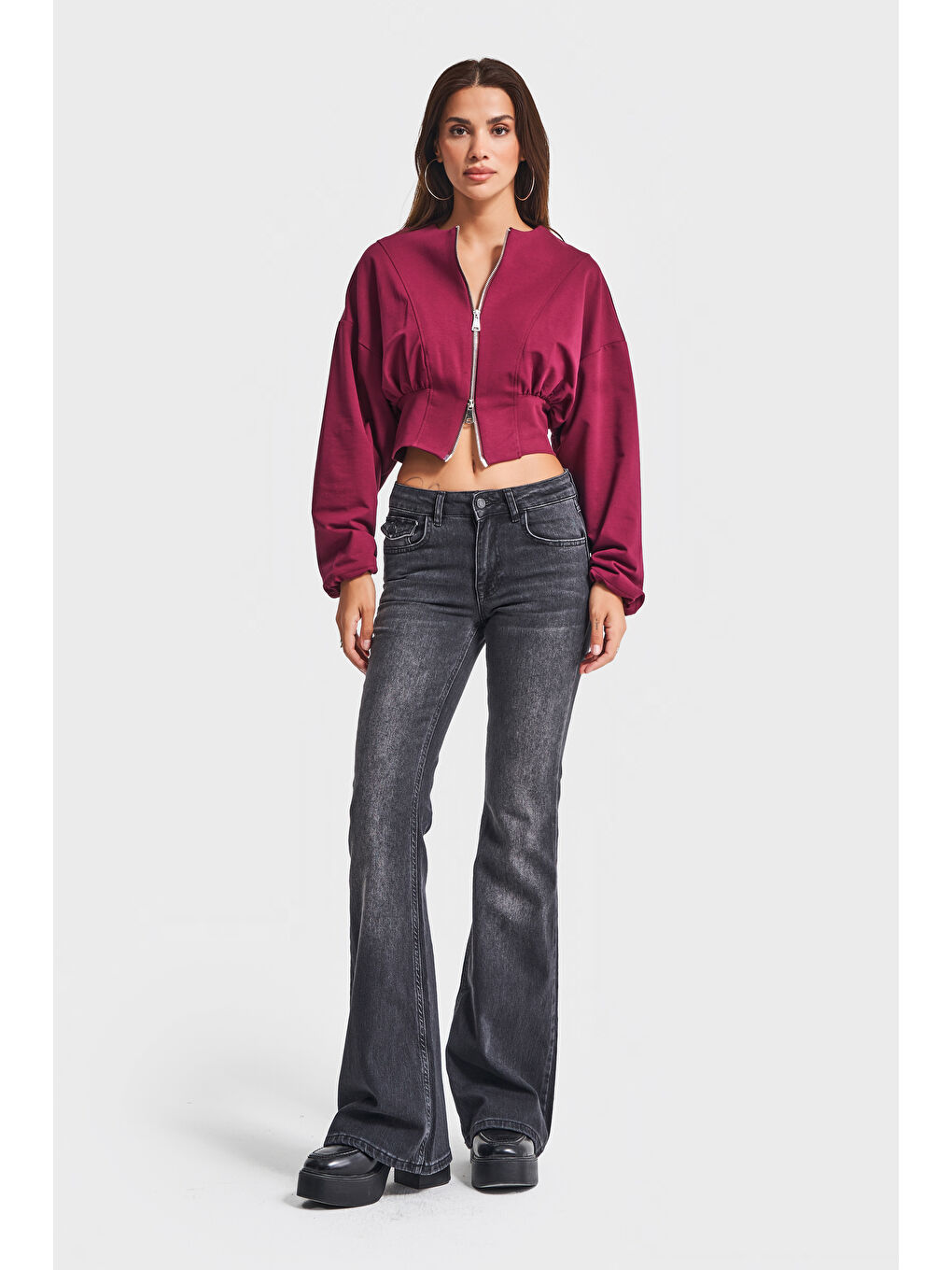 Kadın Bordo Renk w5-35 Bol Kesim Örme Esnek Kumaş Oversize Fermuarlı Sweatshirt-3