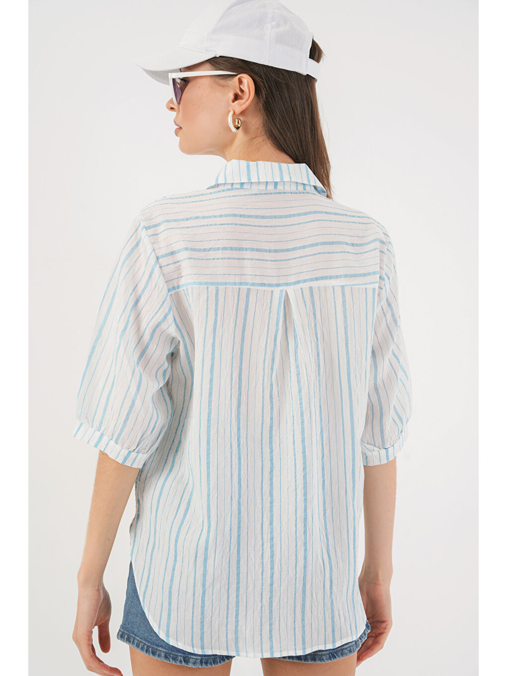 Kadın Çizgili Kısa Kol Gömlek 20345 - A.Mavi-5
