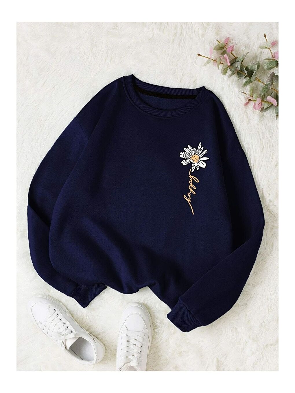 Trendseninle Kadın Lacivert Papatya Baskılı Bisiklet Yaka Sweatshirt