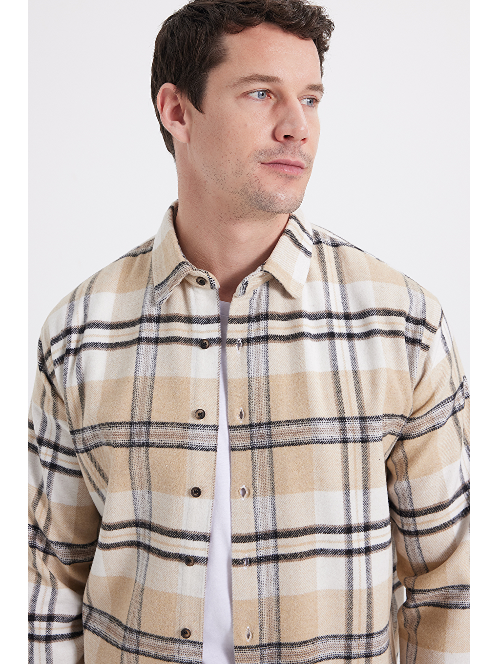 Bej Erkek Relax Fit Rahat Kesim Kışlık Kareli Oduncu Gömlek-2
