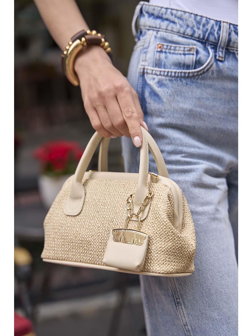 Ekru Hasır Dokulu Mini El Çantası Krem