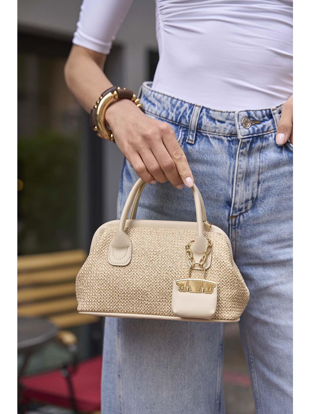 Ekru Hasır Dokulu Mini El Çantası Krem-2