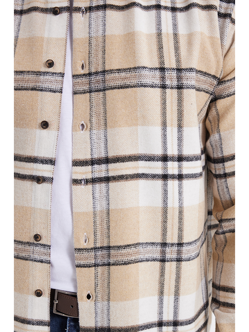 Bej Erkek Relax Fit Rahat Kesim Kışlık Kareli Oduncu Gömlek-3